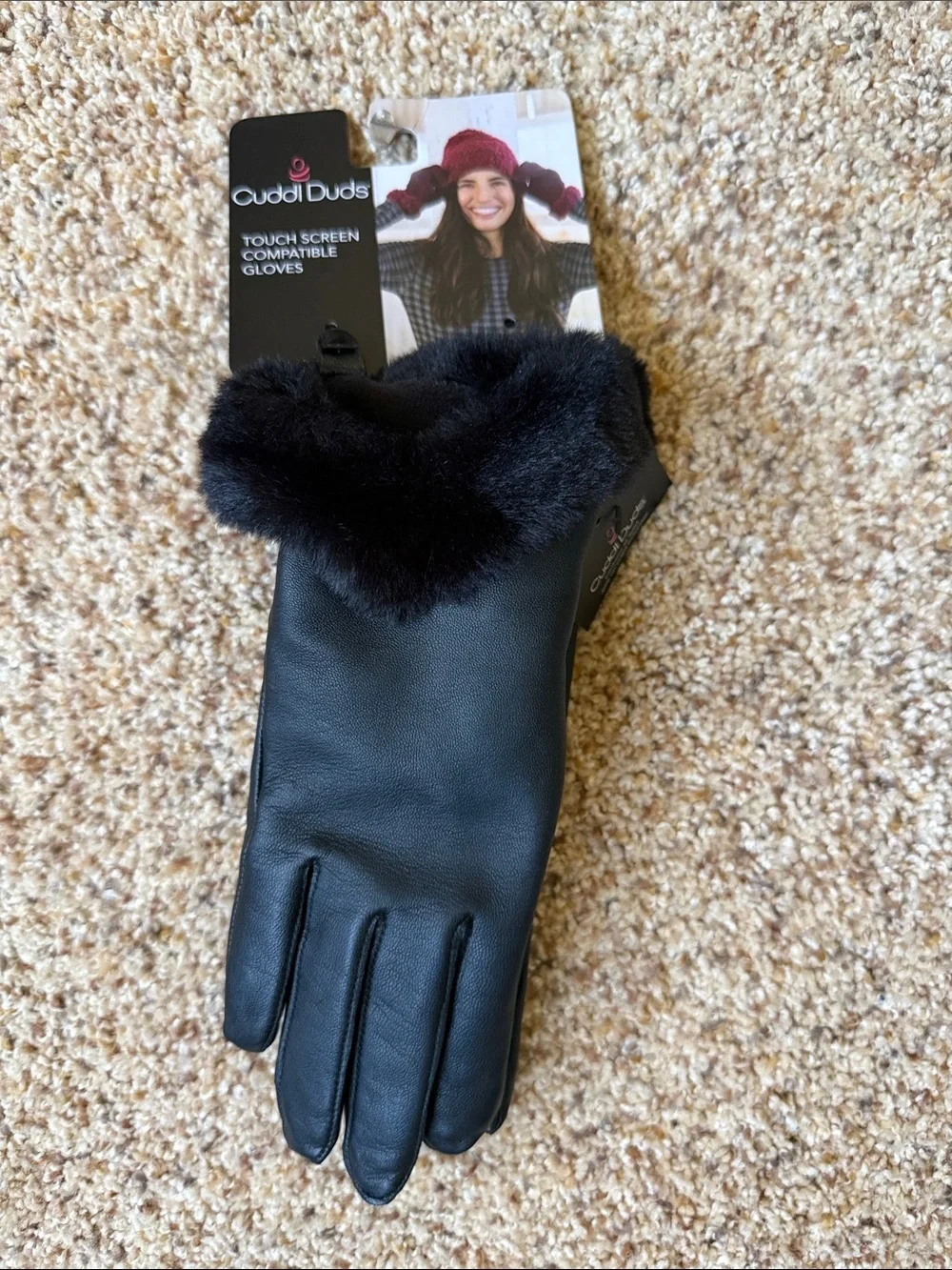 NWT Cuddl Duds Leather Gloves with Faux Fur Cuff